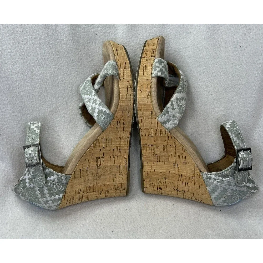 TOMS‎ Strappy Wedge Sandals Women 7.5 Sage Green Geometric Cork Heel